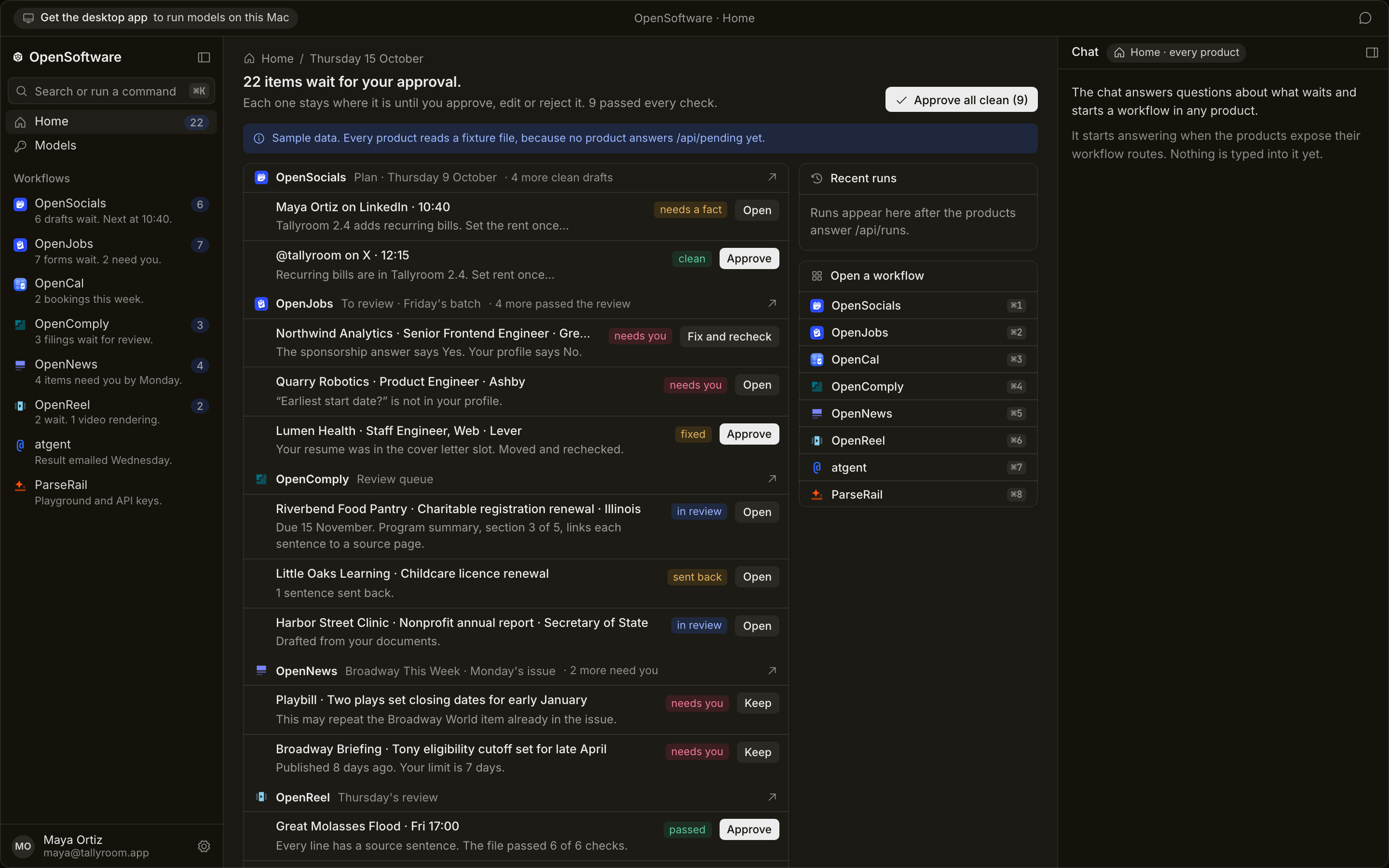 The OpenSoftware home screen shows a left rail of products, a centre list of items waiting for approval, and a chat column on the right.