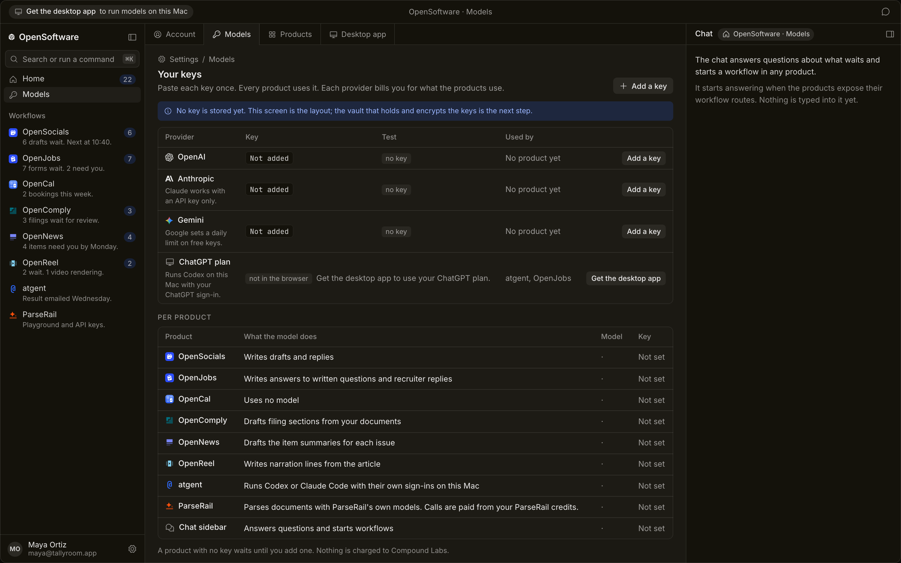 The Models screen shows a provider table with OpenAI, Anthropic, Gemini and the ChatGPT plan row, followed by a per-product table.