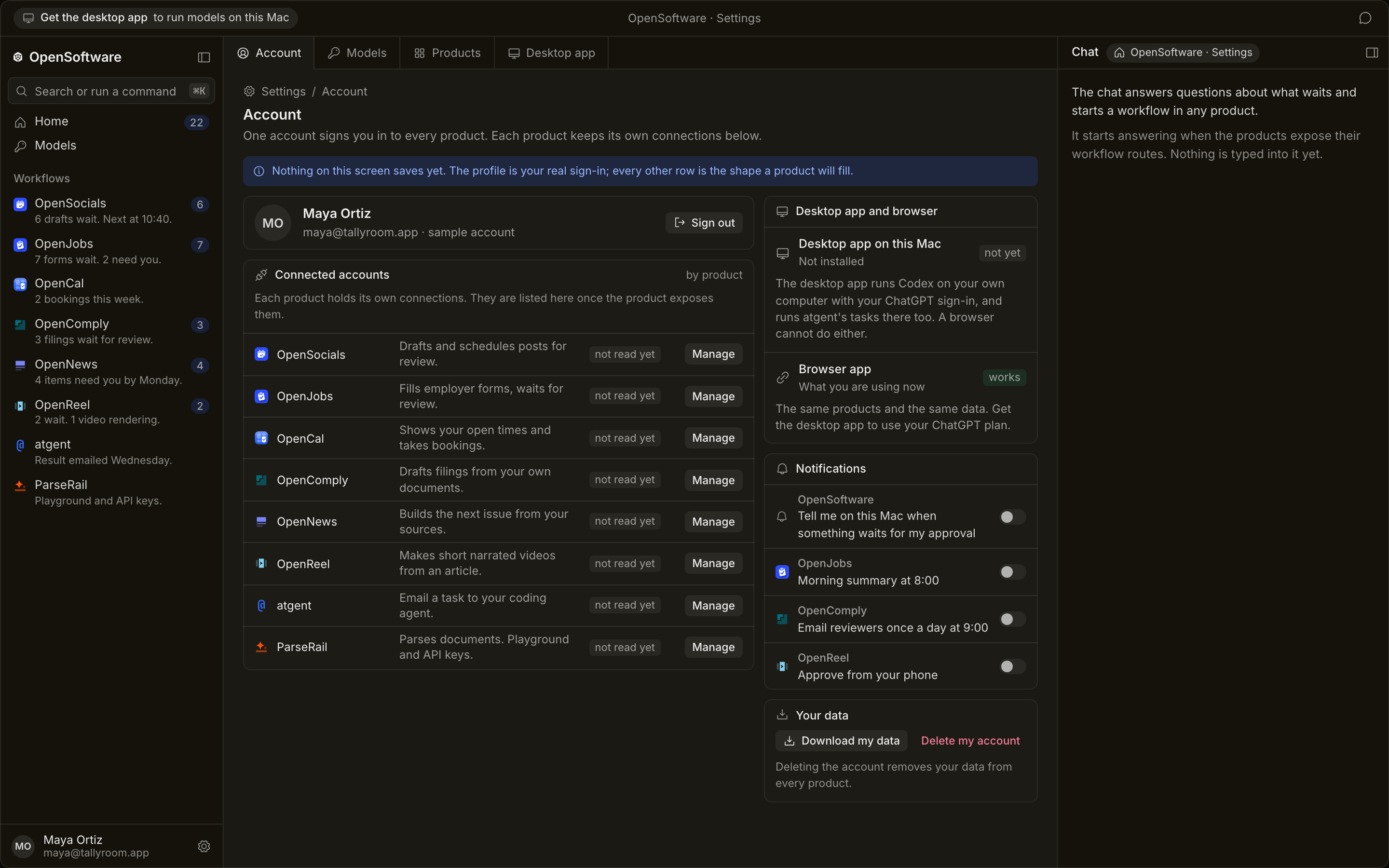 The Settings screen shows the account, connections per product, and the desktop and browser panel.