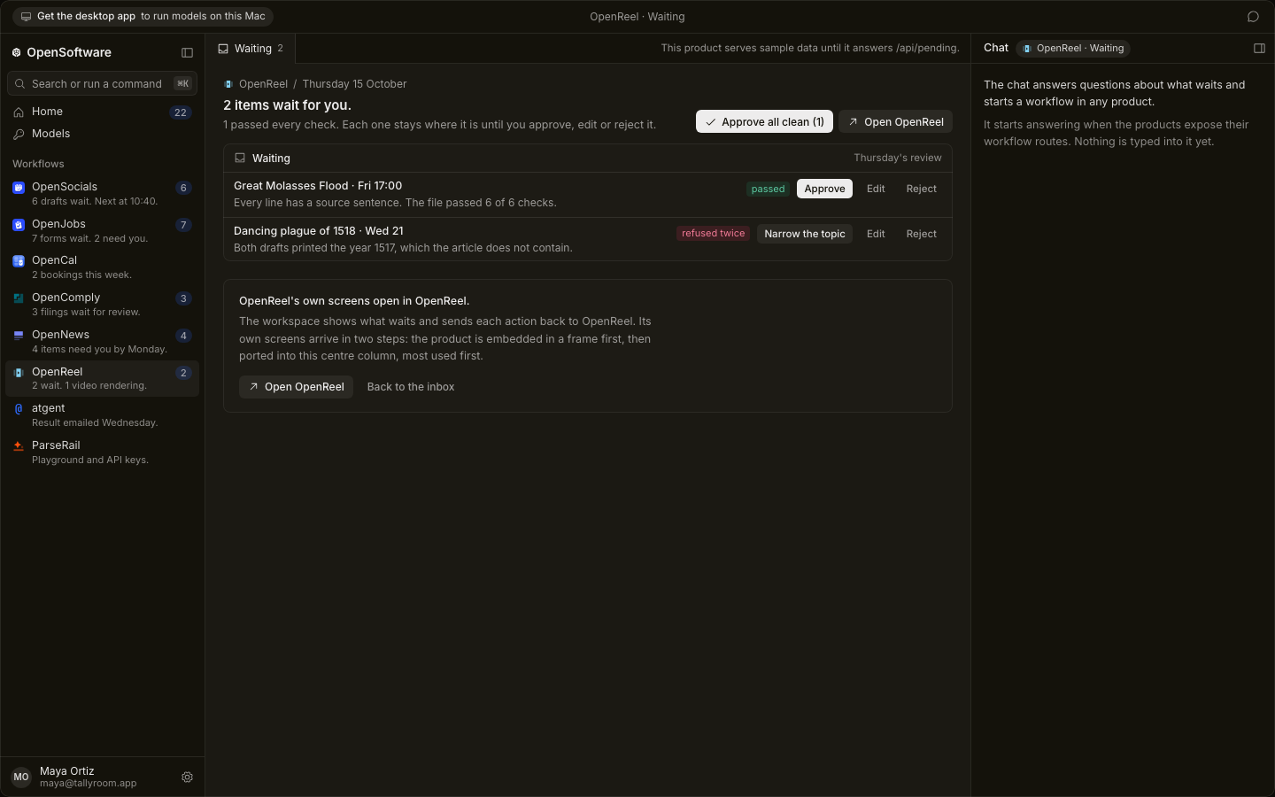 OpenReel is open inside OpenSoftware, showing the review list, the video, the step list showing draft 1 refused and draft 2 passed, and the read-back checks.
